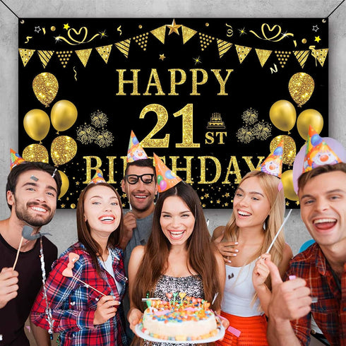 Trgowaul 21st Birthday Decorations for Her Him, Black Gold 21st Birthday Backdrop Banner, Party Supplies Photography