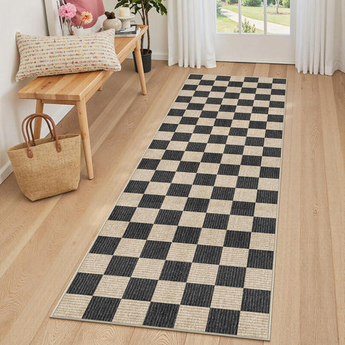 LIVEBOX Washable Runner Rug Checkered, 2x6 Black Runner Rugs for Hallway, Non-Slip