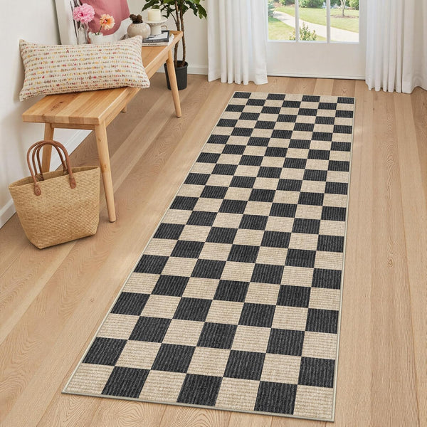 LIVEBOX Washable Runner Rug Checkered, 2x6 Black Runner Rugs for Hallway, Non-Slip