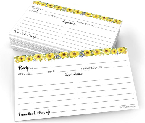 321Done Sunflower Recipe Cards Set of 50 - Small 3" x 5", Double-Sided for Weddings, Bridal, Baby Shower