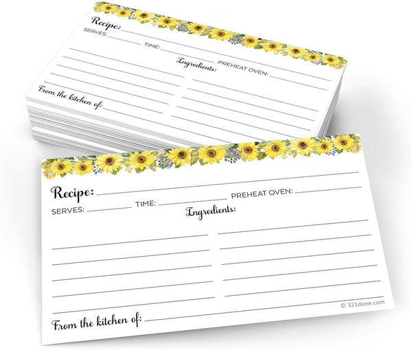 321Done Sunflower Recipe Cards Set of 50 - Small 3" x 5", Double-Sided for Weddings, Bridal, Baby Shower