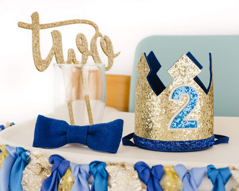 2nd PapaKit Birthday Boy High Chair Decorations - Blue & Gold Ribbon Garland, "TWO" Banner, Toddler Crown, Bow Tie
