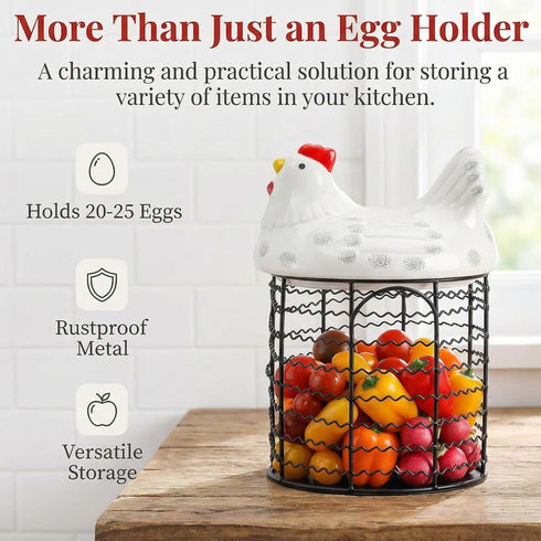 Hiceeden Metal Wire Chicken Egg Storage Basket, Decorative Fresh Egg Holder with Ceramic Chicken Design Lid, Portable