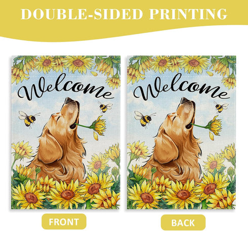 Welcome Spring Summer Golden Retriever Dog Garden Flag, Pet Sunflowers Bee Decorations, 12x18 Double Sided