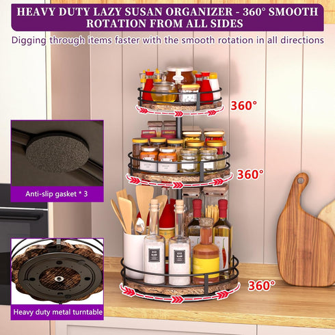 3-Tier Countertop Heavy-Duty Lazy Susan Organizer, Adjustable to Different Heights, Spice Rack, Upgraded Thickened