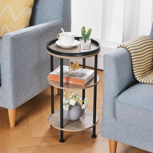 Small Round Side Table for Small Spaces - 3-Tier Modern Accent Table, Slim End Table for Living Room, Bedroom (Oak)