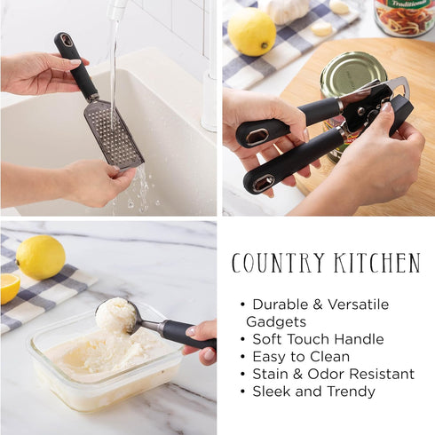 Country Kitchen 6 Pc Essentials Kitchen Stainless Steel Gadget Set - Black Gun Metal with Soft Touch Handles