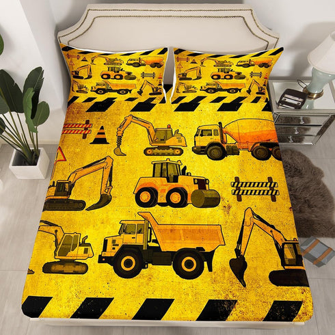 Set Set Erosebridal Excavators Bed Sheets Twin Size Equipment Trucks Sheet Construction Tractor Fitted Sheet, Yellow