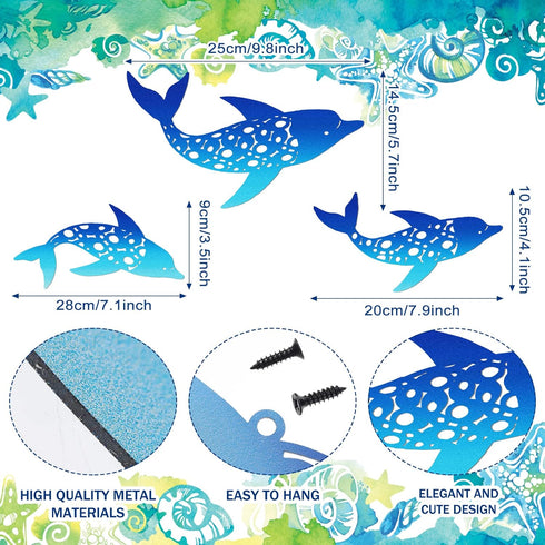 Yaomiao 3 Pieces Metal Dolphin Wall Decor Beach Coastal Hanging Decorations Ocean Nautical Tropical Beach Themed Metal Wall Art for Home Bedroom Pool Fence Patio