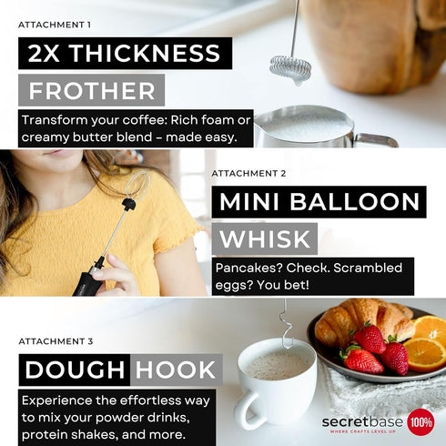 Secretbase Rechargeable Milk Frother Mixer, Cordless USB with Charging Base and SS Pitcher - 3 Speed Handheld Frother