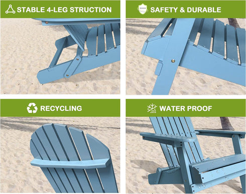Set, 250 Lbs Folding Adirondack Chairs Solid Wood Outdoor Chairs with Wide Armrests, Turquoise Grey, Capacity