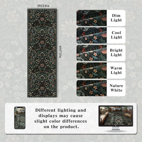 2x6 Washable Runner Rug,Black Floral Boho Area Rug for Hallway,Low-Pile Non-Slip Stain Resistant Carpet for Kitchen