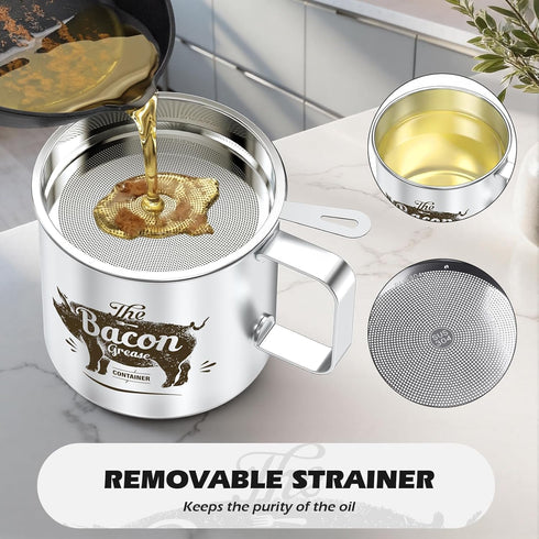 20 OZ PGYARD Mini Bacon Grease Saver With Strainer - Stainless Steel Oil Container, Farmhouse Bacon Grease Keeper