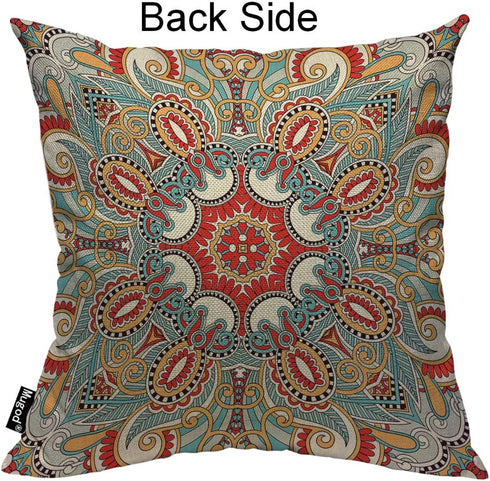 Mugod Traditional Ethnic Paisley Flower Throw Pillow Cover - Red Teal White Yellow Cotton Linen 18x18 Inch