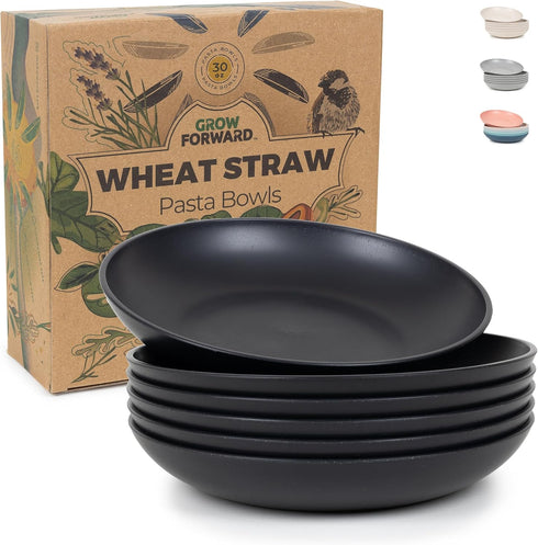 Grow Forward Premium Wheat Straw Pasta Bowls Set of 6 - 30oz Unbreakable Wide & Shallow Dinner Plates - Midnight