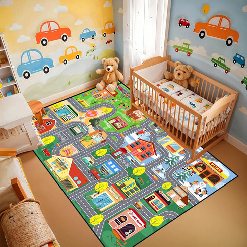 2.5x4 Car Rug for Kids Playroom - Road Rug for Boys Room Kids Play Mat with Road Tracks Car Play Mat, Feet