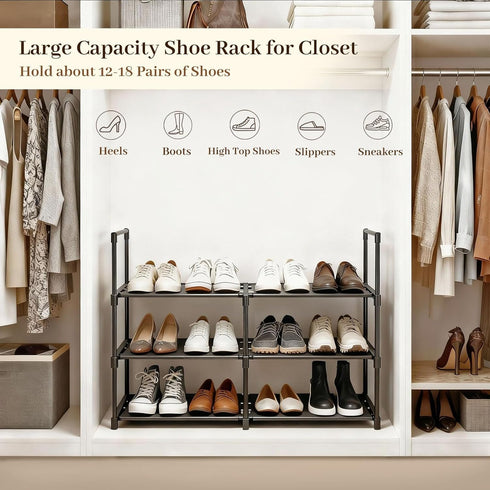 Gmrithaf 3 Closet,Entryway,Dorm,Garage,Corridor, 33.8" 3 Shoe Rack - Tier Shoe Organizer Storage Rack with Metal Tubes