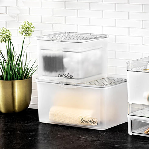 madesmart Small Bin with Lid-Stack Collection, Frost Soft-Grip Lining and Non-Slip Feet