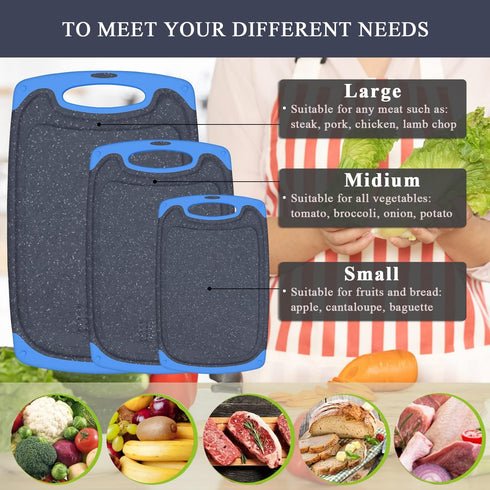 Large-Small Cutting Board Set of 3 - Dishwasher Safe, Juice Groove, Easy Grip Handle, Non-Slip Rubber