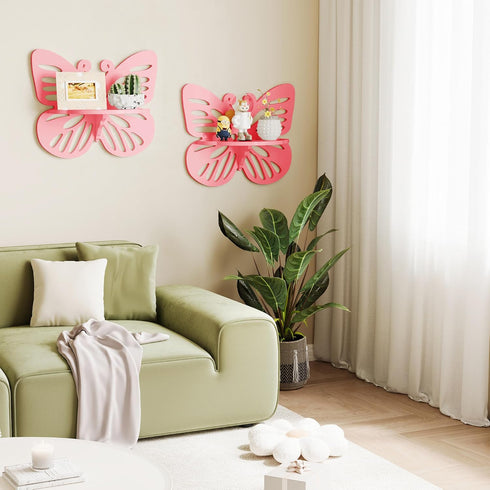 2-Tier Butterfly Wall Shelf - Nursery Decor Pink Floating Corner Shelves, Cute Wall Display Rack Bookshelf for Kids