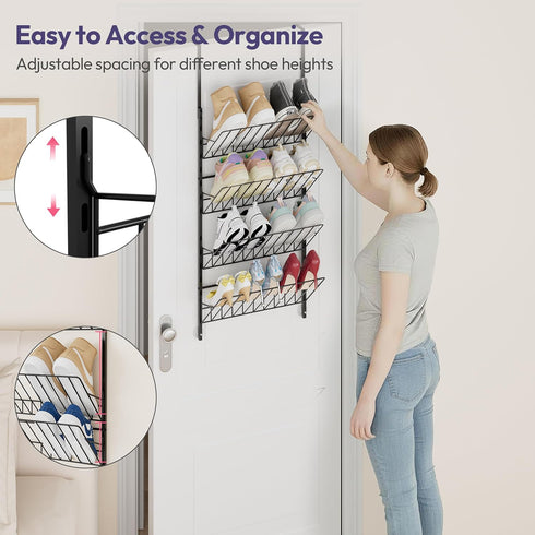 4 SWTYMIKI Over the Door Shoe Organizer - Adjustable Tier Hanging Shoe Rack Organizer, Metal Heavy Duty Behind Door