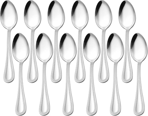E-far Stainless Steel Teaspoons Set of 12, 6.7 Inch Pearled Edge Small Dessert Spoons for Home Kitchen
