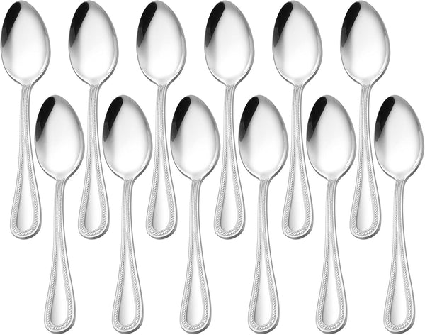 E-far Stainless Steel Teaspoons Set of 12, 6.7 Inch Pearled Edge Small Dessert Spoons for Home Kitchen