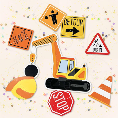 16Pcs Set Construction Theme Party Hanging Decorations Swirl with Trucks, Traffic Cone & Safety Symbols | Party