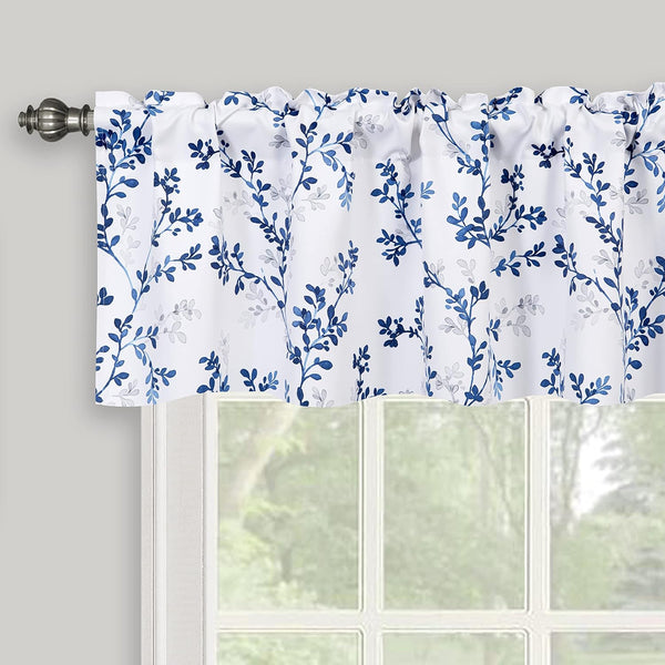 Navy Blue Valance for Windows with Watercolor Botanical Flowers, Rod Pocket Window Treatments 52" x 14" for Kitchen