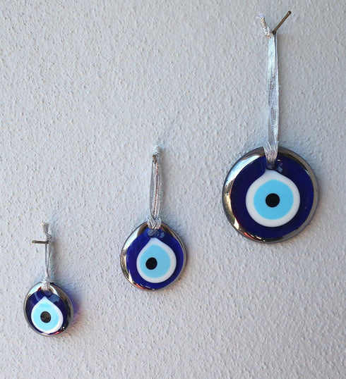Platinum Plating Handmade Evil Eye Turkish Greek Glass Charm Decorative Ornament Set of Three (1.5"-2"-2.7")