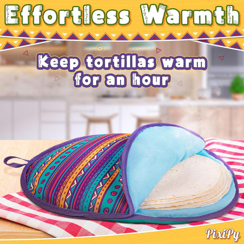 PixiPy Tortilla Warmer Pouch (Multicolor, 12 Inch) - Microwavable Fabric Heater Pouch to Keep Tortillas Soft & Warm