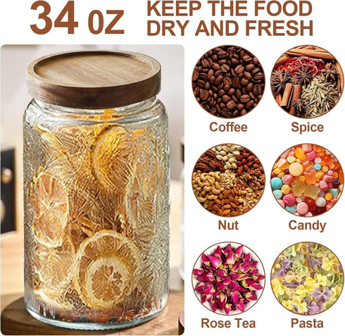 LYXFZQ 34 OZ Counter Vintage Glass Jar with Lid, Airtight Food Storage Canisters with Bamboo for Kitchen Pantry, Ideal