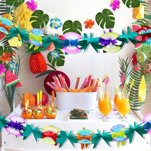 BUSOHA (3 Pack) Tissue Flower Garland - 12 Feet Long Tropical Multicolored Paper Garland Flower Banner for Hawaiian