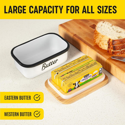 White Butter Dish with Lid - Unbreakable Metal Butter Keeper, Large Container for Fridge, Butter Holder, Storage for