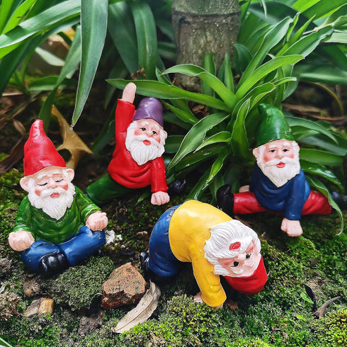 Yoga Gnome Miniature Garden Gnome, Fairy Garden Accessories Set of 4 Little Outdoor Gnomes