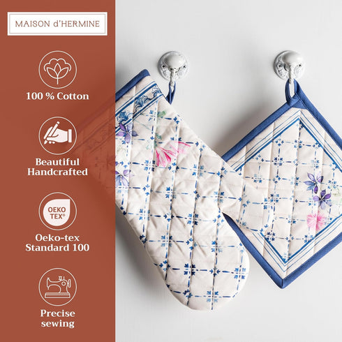 Maison d' Hermine Cotton Oven Mitt & Pot Holder Set - Heat Resistant BBQ Cooking Gloves