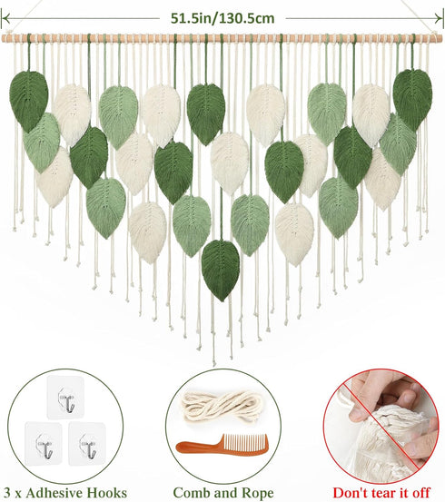 51.5"W 33.5"L Weldomcor Large Macrame Wall Hanging, Boho Leaves Macrame Tapestry Wall Decor Handmade Woven Hanging