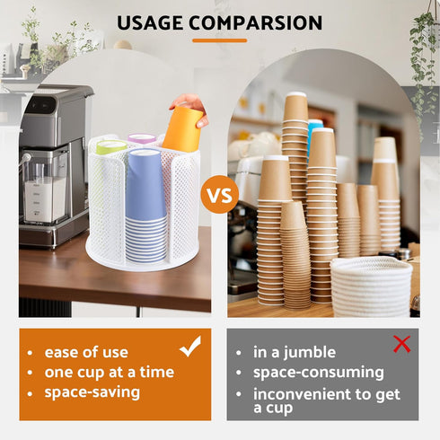 Rotating Paper Cup Dispenser with 4 Compartments, Removable Plastic Cup Storage & Lid Holder for Kitchen Countertops