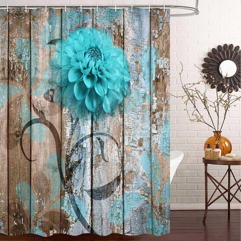 JAWO Teal Dahlia Shower Curtain Set with 12 Hooks - Dahlia Flower on Rustic Wooden Plank Country Style, Waterproof Bath
