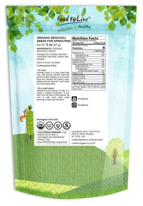 2 Food to Live Organic Broccoli Seeds for Sprouting, Ounces Non-GMO, Vegan, Kosher, Sirtfood, Bulk. Rich