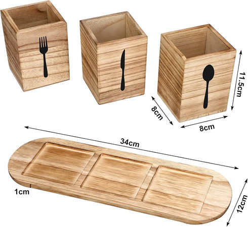 Kathfly 4 Pcs Silverware Caddy Utensil Holder for Countertop, Wood Tray Spoon Fork Holder for Kitchen Parties (Brown)