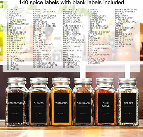 140PCS Black Minimalist Spice Labels for Jars, Waterproof Oil Resistant Stickers for Kitchen Pantry Containers