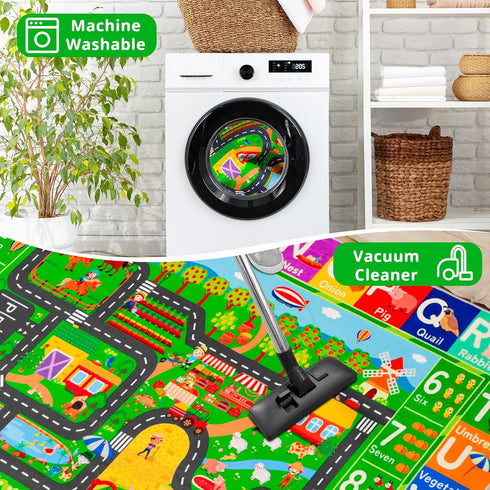 DINSUMRUG 59"39.4" Tummy Kids Rugs for Toy Cars Playroom ABC Farm Life Road Traffic Kids Car Road Rugs Village Map Play