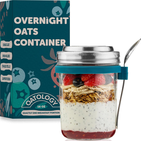 Overnight Oats Jar with Spoon & Stainless Steel Lid - 16oz Leakproof