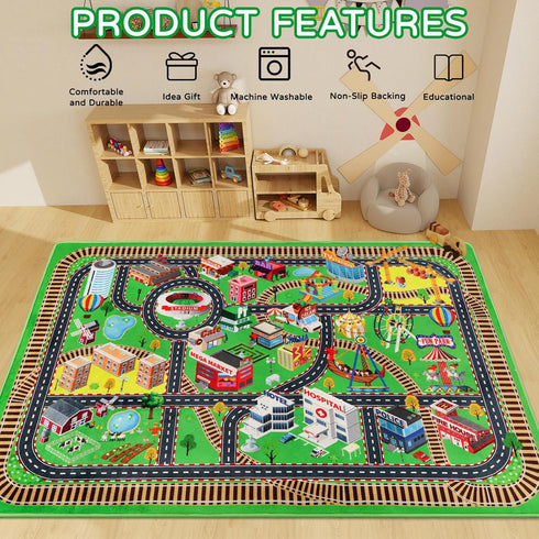 Kids Rug Play Mat for Toy Cars, City Life 3D Road Traffic 39.4"×59" Non-Slip Washable Car Rug for Playtime