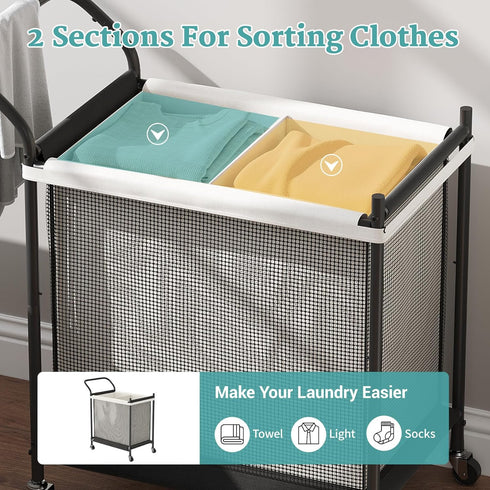 2 120L, Laundry Hamper with Wheels - Section Laundry Basket Removable Washable Bags, Height-Fitted Rolling Laundry Cart