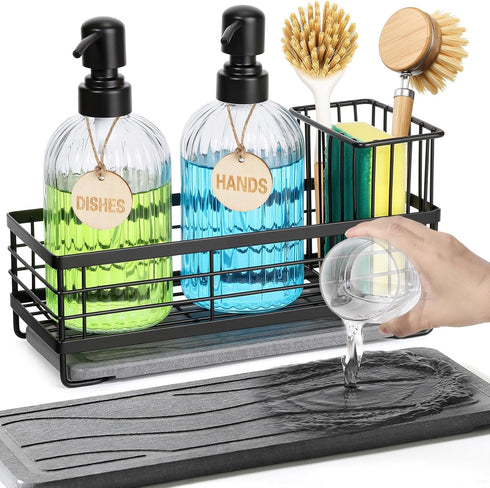 Shinowa Kitchen Dish Soap Dispenser Set, 14OZ Glass Bottle with Rustproof 304
