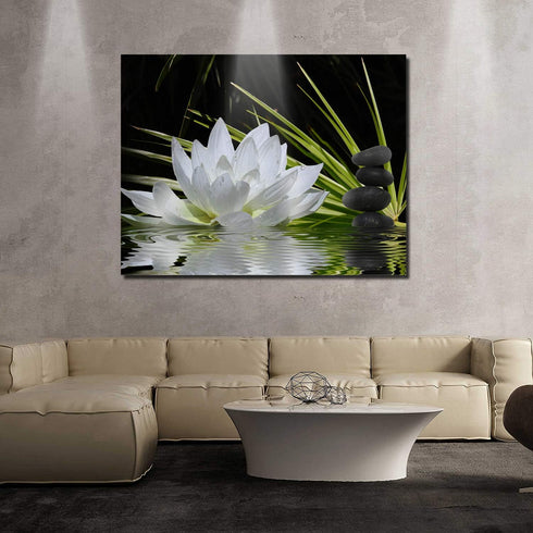 Canvas Wall Art - White Lotus and Black Zen Stones Picture, Modern Wall Decor, 12" x 16"