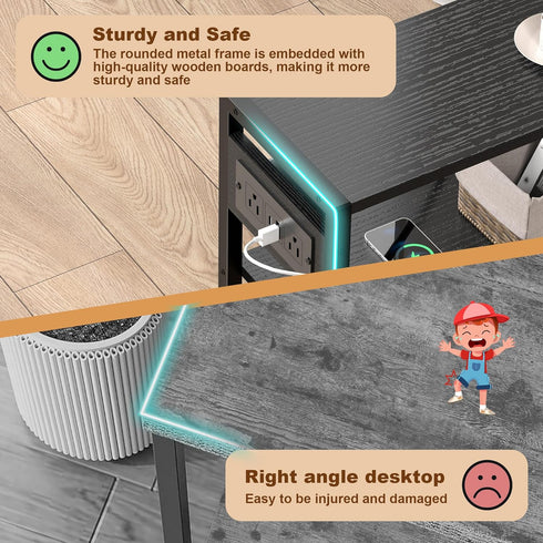 Small Narrow Side Table with Charging Station, Skinny End Table for Small Spaces, Slim Nightstand with Outlets, Sofa