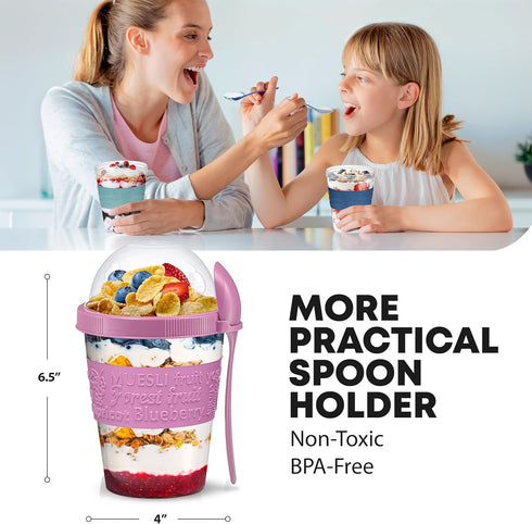 4 Pack 20oz Tribello - On the Go Yogurt Parfait Cups with Lids, Topping Compartment & Spoon, Yogurt/Parfait Cups